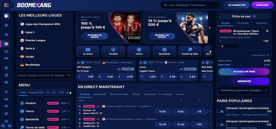 Capture d'écran de la page sportive Boomerang-Bet