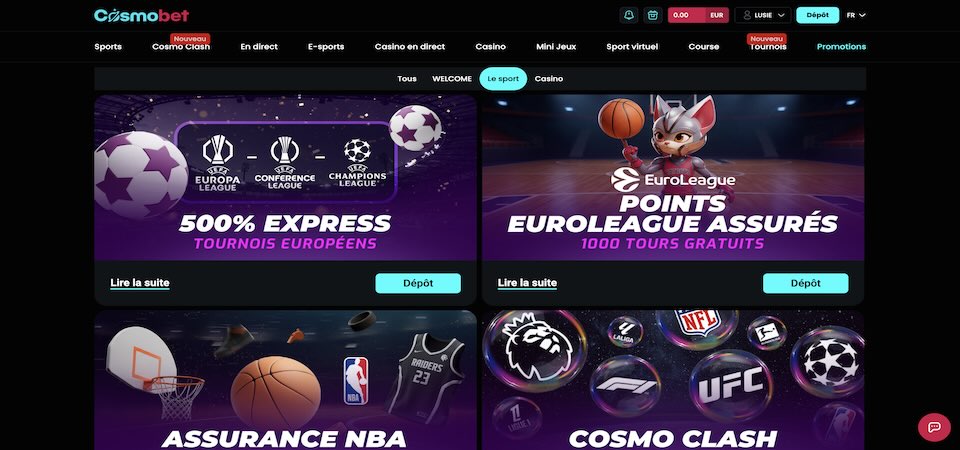 Capture d'écran de la page des promotions Cosmobet