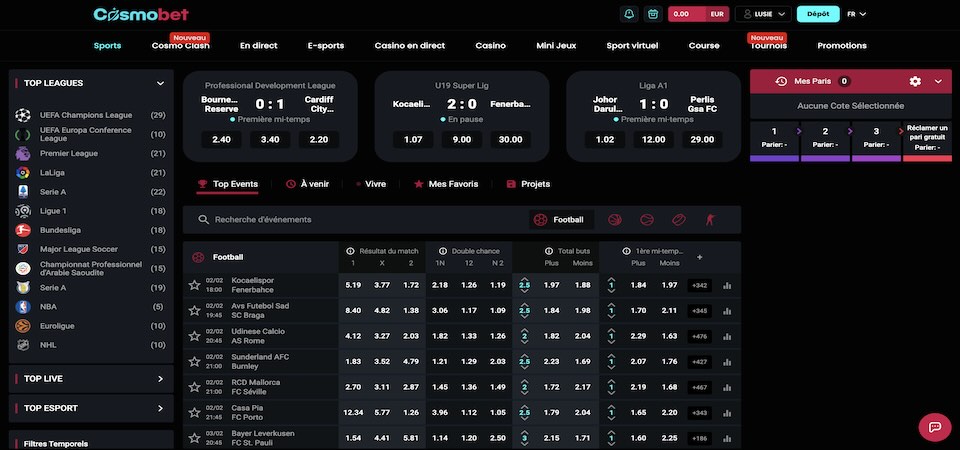 Capture d'écran de la page sportive Cosmobet