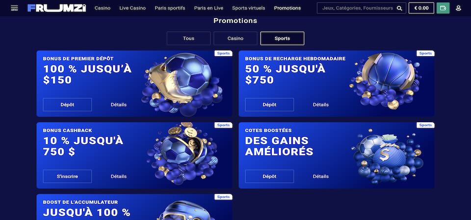 Capture d'écran de la page des bonus Frumzi