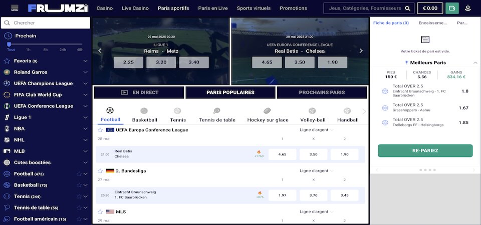 Capture d'écran de la page sport de Frumzi