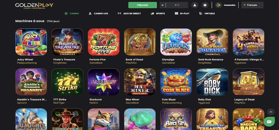 Capture d'écran de la page du casino Goldenplay
