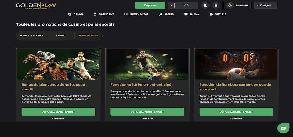 Capture d'écran de la page de promotion de Goldenplay