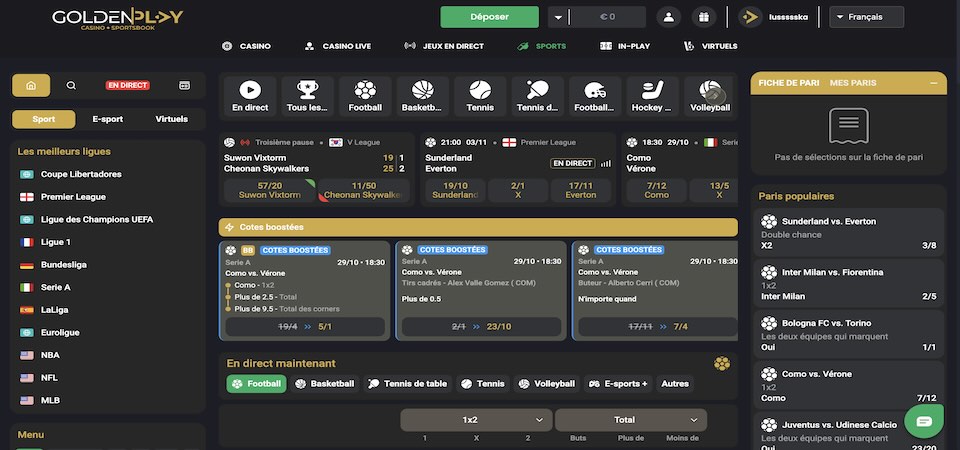 Capture d'écran de la page en direct de Goldenplay