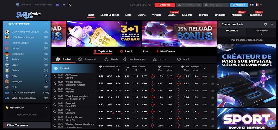 capture d'écran de la page des sports