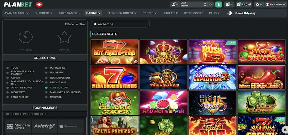 Capture d'écran de la page du casino PLANBET