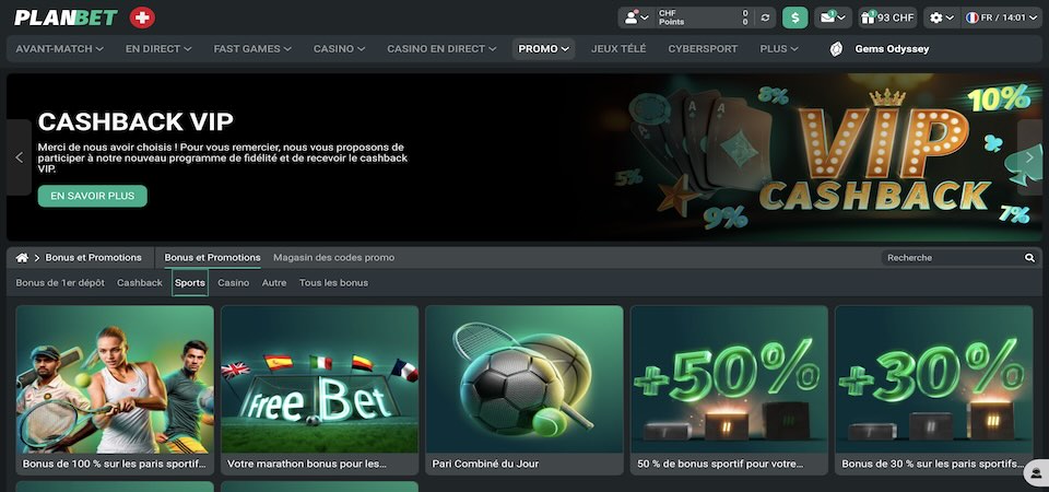 Capture d'écran de la page des bonus PLANBET