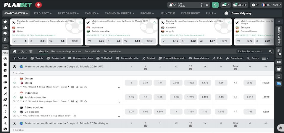 Capture d'écran de la page sportive PLANBET