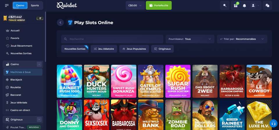 Capture d'écran de la page du casino Rainbet