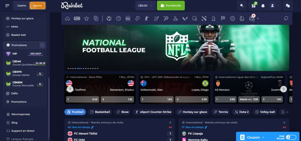 Capture d'écran de la page de paris Rainbet