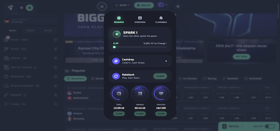 Capture d'écran de la page des bonus Thrill
