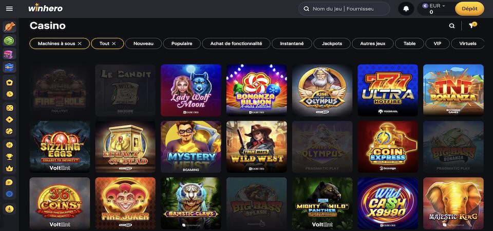 Capture d'écran de la page du casino Winhero