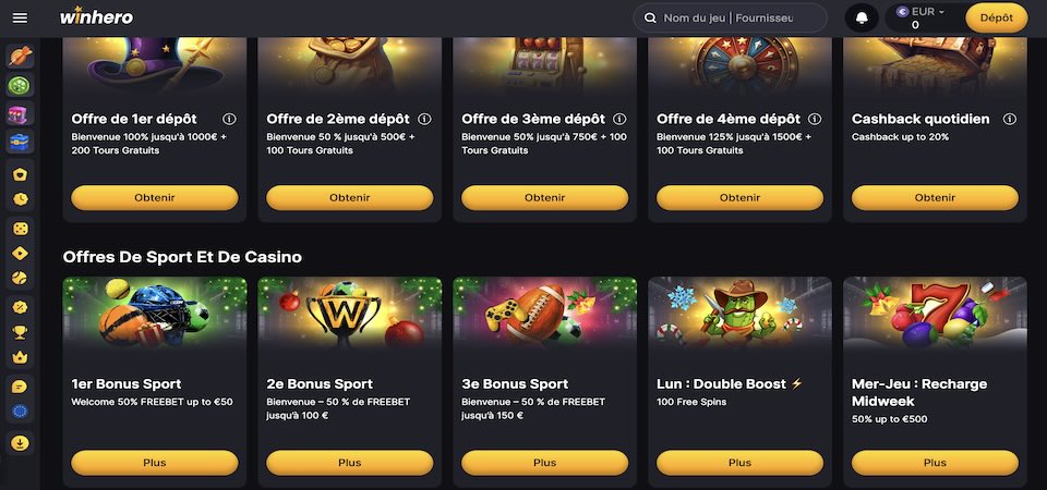 Capture d'écran de la page des bonus Winhero