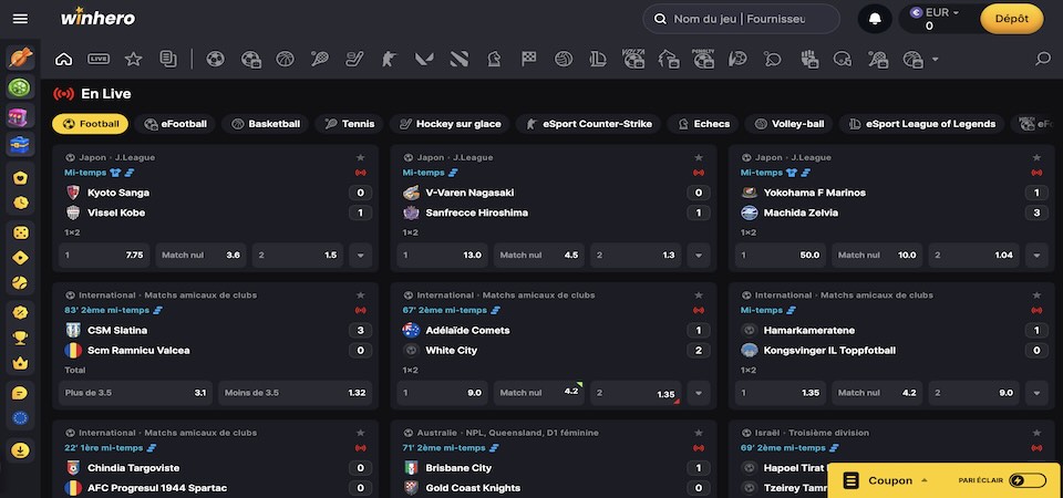 Capture d'écran de la page sportive de Winhero