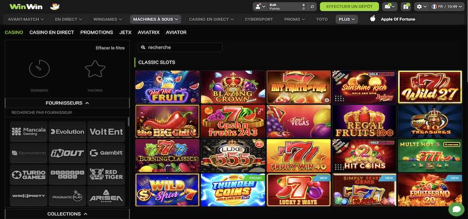 Capture d'écran de la page du casino WinWin