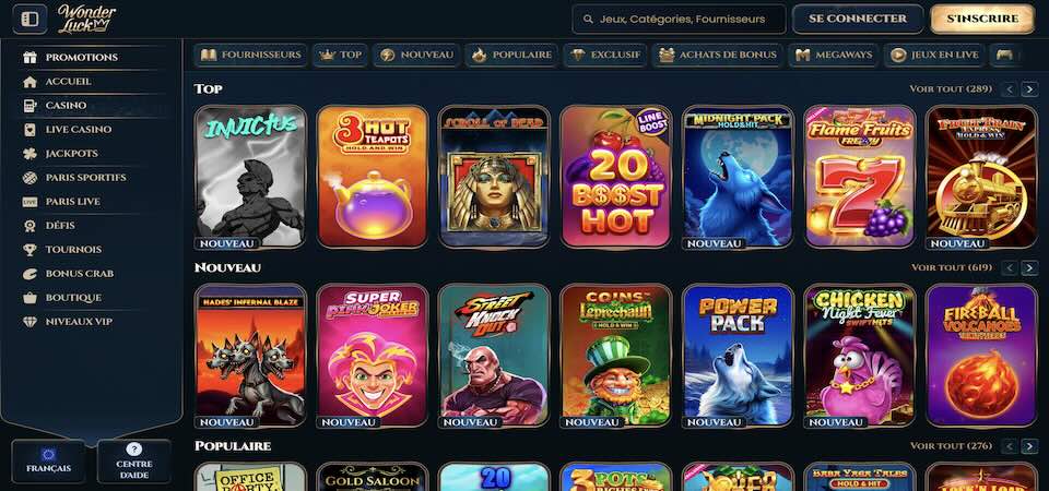 Capture d'écran de la page du casino Wonderluck