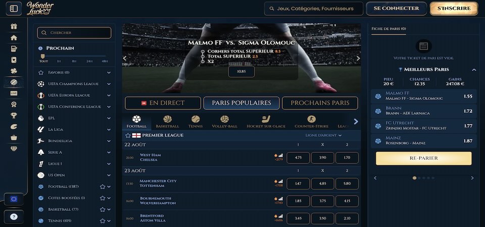Capture d'écran de la page sportive de Wonderluck
