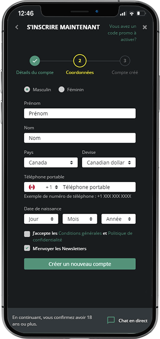 1Bet inscription étape deux